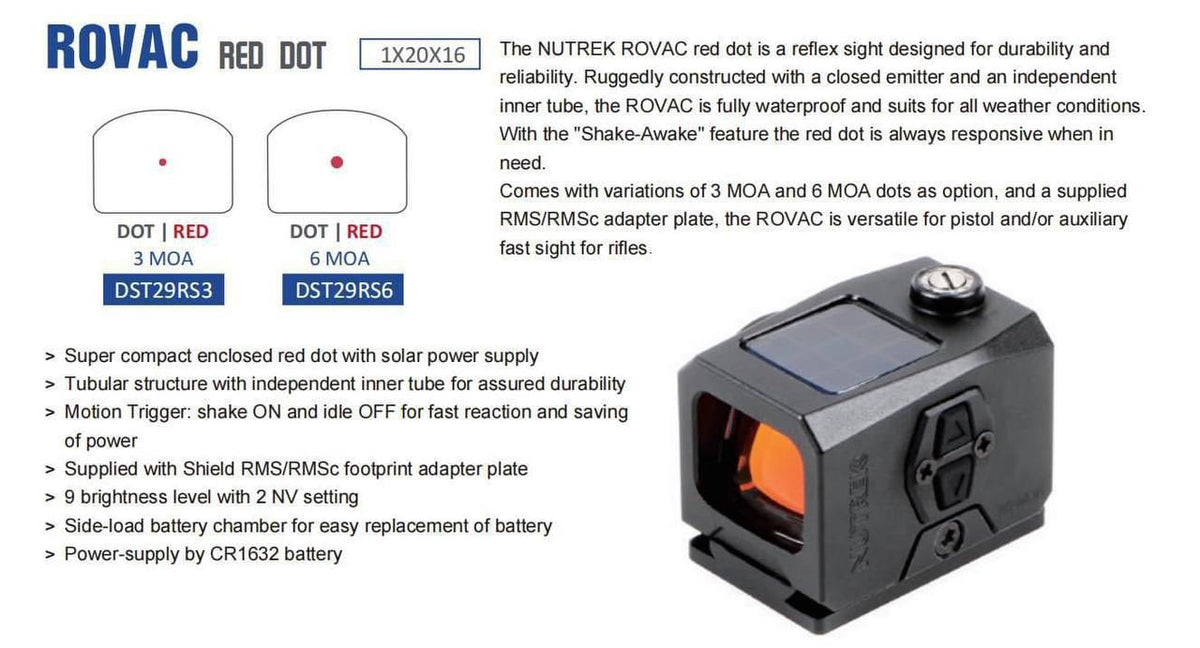 NUTREK ROVAC 1x20x16 Mini Solar Power 2+6MOA Dot Sight ( DST29RD )